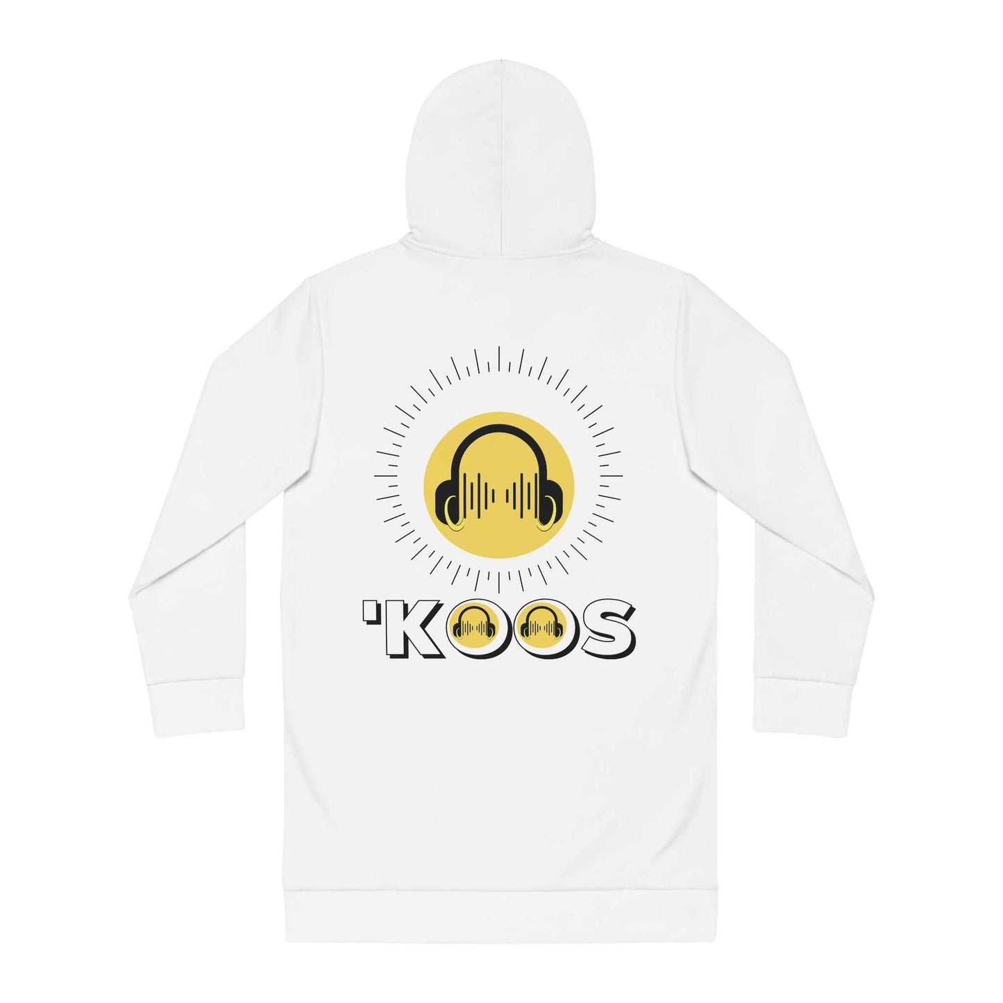 back view of the white KoosWear Hooded Sweatshirt Dress Designed by Ahjikeh