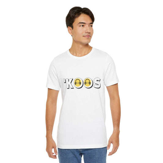 White male model front view in the white KoosWear Unisex T-Shirt Designed by Ahjikeh