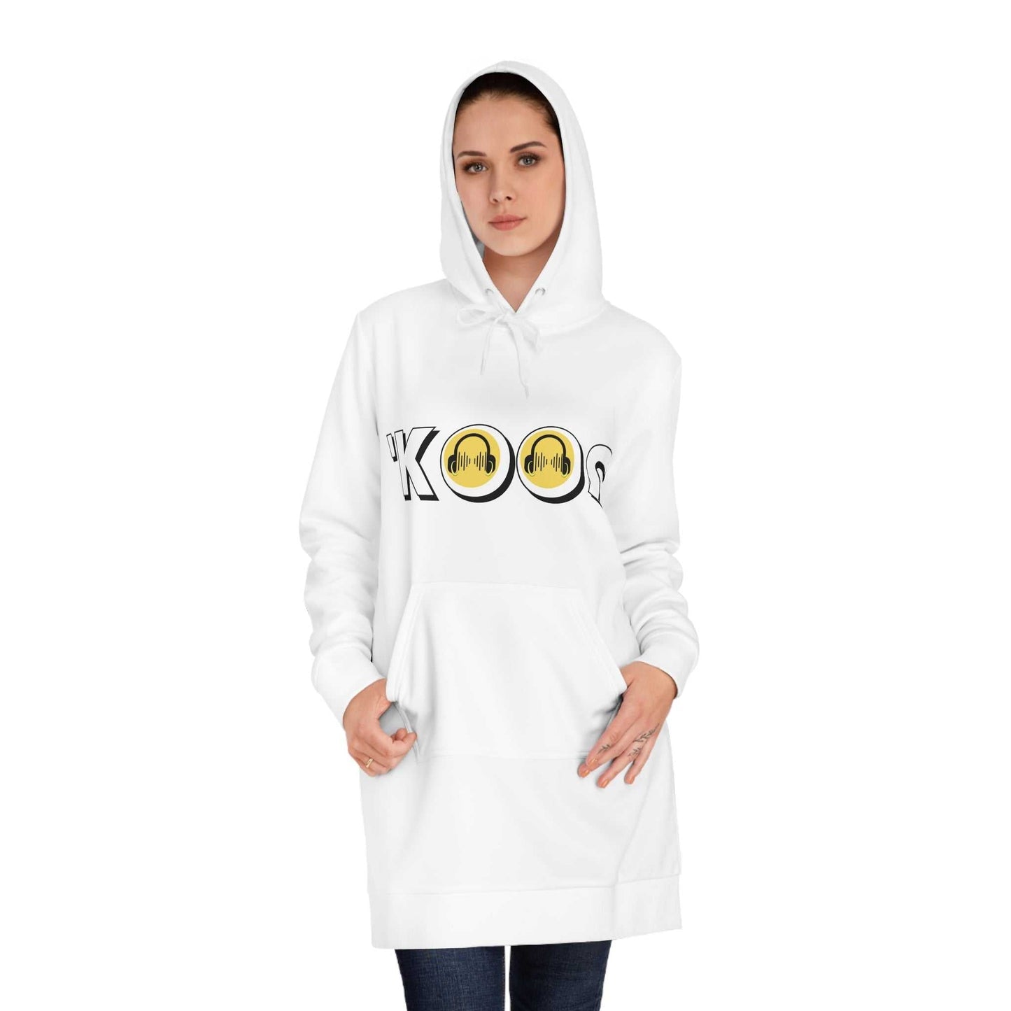 model front view with hood up of the white KoosWear Hooded Sweatshirt Dress Designed by Ahjikeh