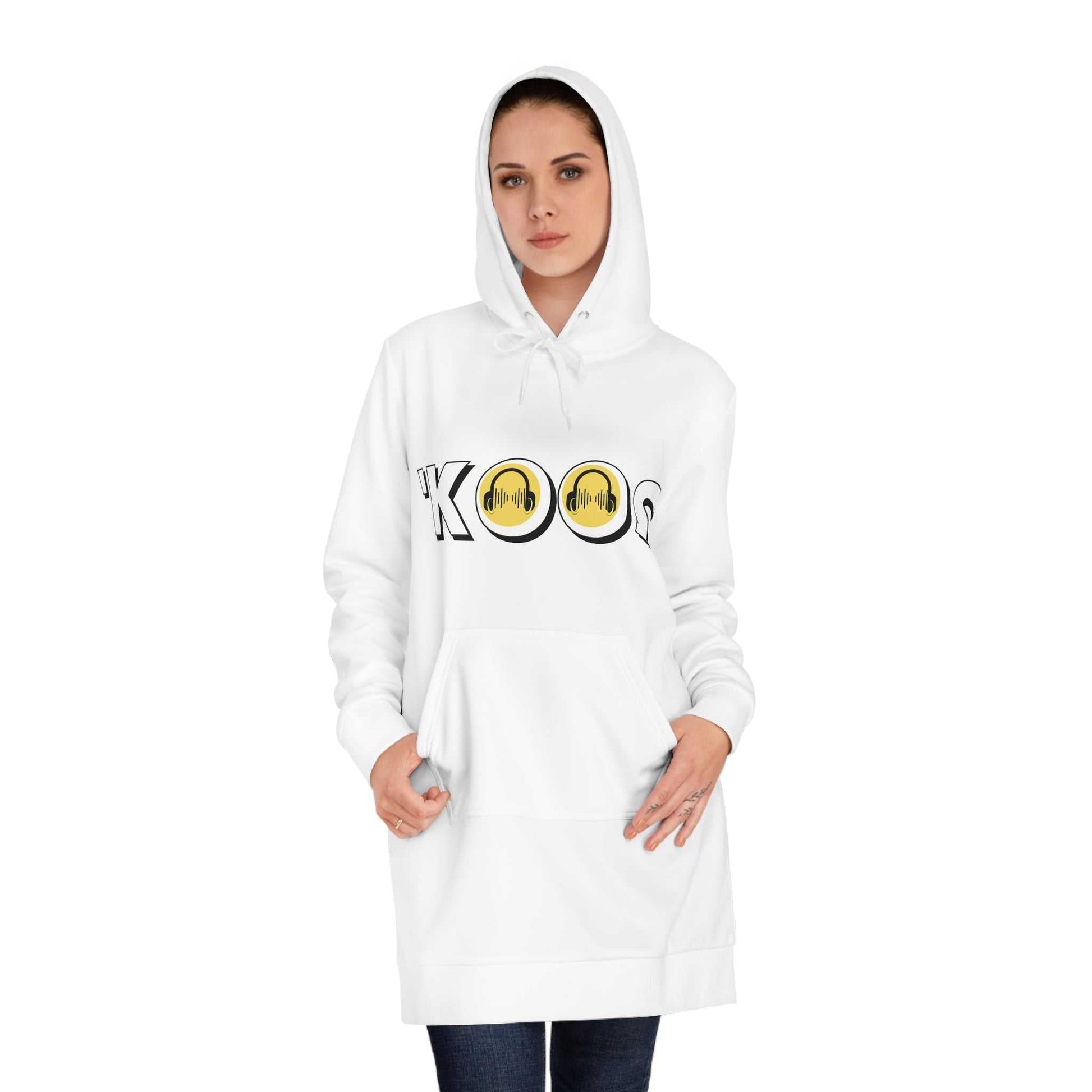 model front view with hood up of the white KoosWear Hooded Sweatshirt Dress Designed by Ahjikeh