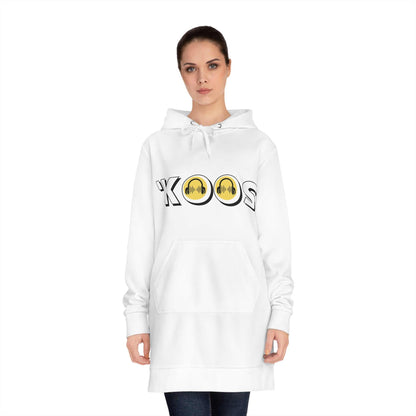 model front view with hood down of the white KoosWear Hooded Sweatshirt Dress Designed by Ahjikeh