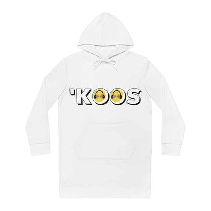 front view of the white KoosWear Hooded Sweatshirt Dress Designed by Ahjikeh