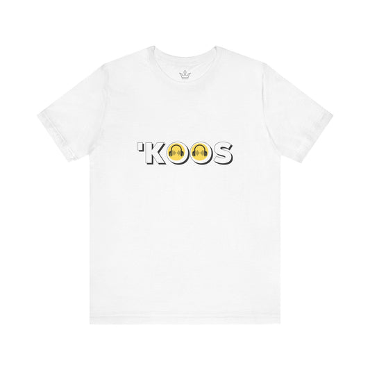 KOOS Unisex Music Vibe Tee with headphone graphic design, short sleeve, white cotton.