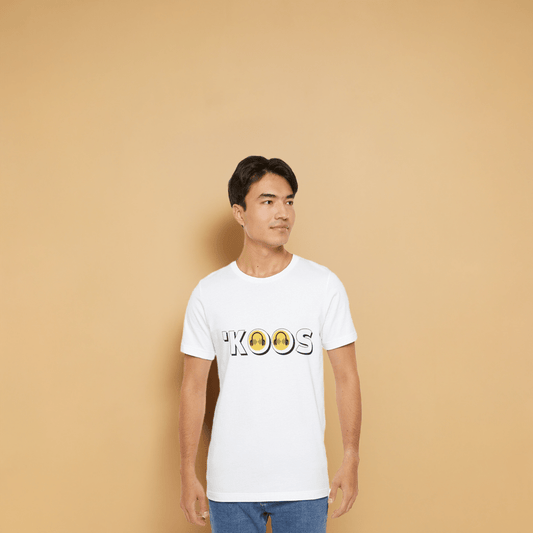 Unisex white t-shirt by KoosWear with "KOOS" graphic design, styled casually.